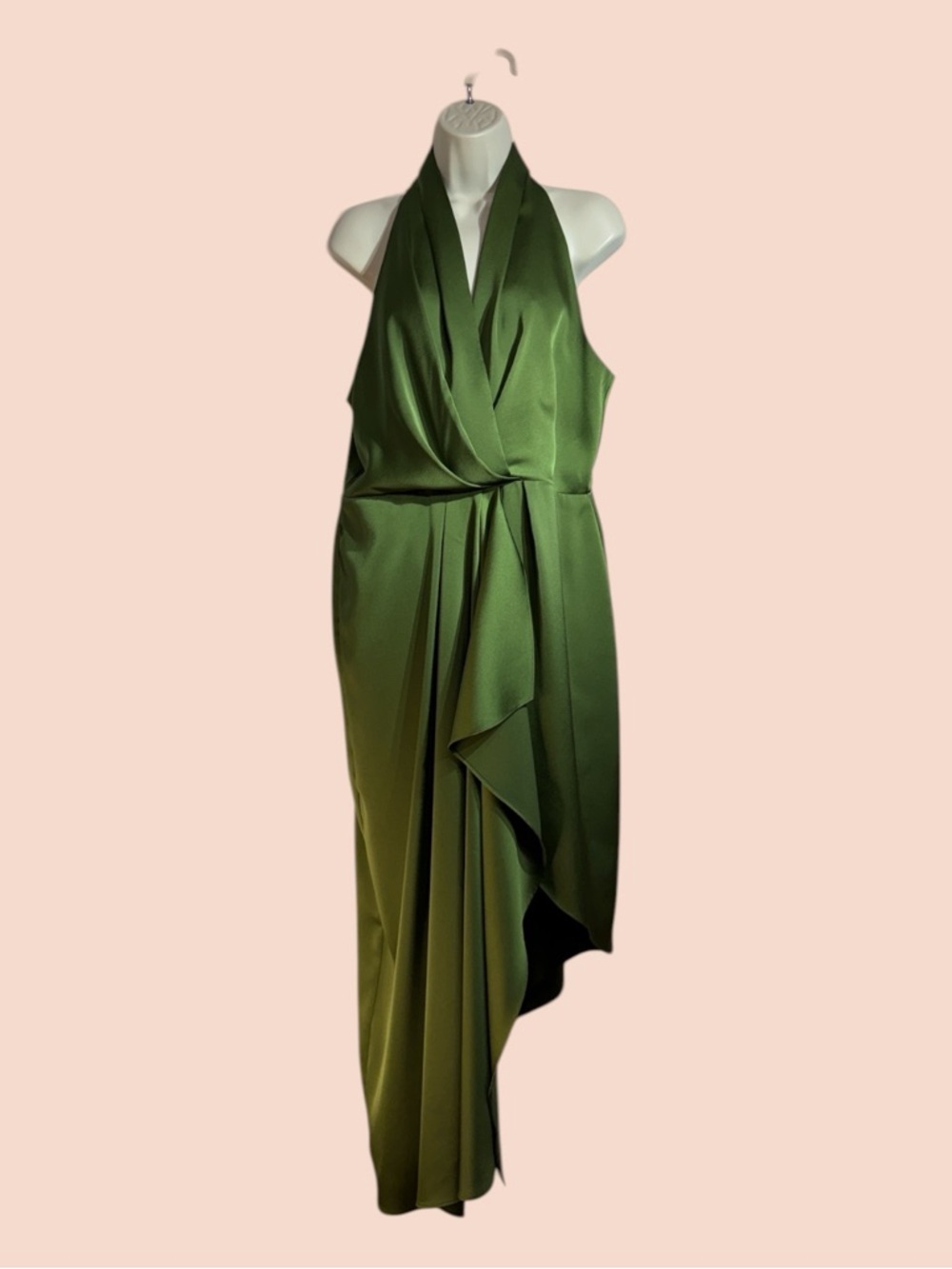 Alex Marie Hazel Olive Green Satin Asymmetrical Tea Length Formal Dress 14P - Picture 3 of 11